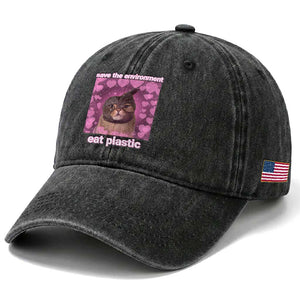 Save The Environment Eat Plastic Washed Cotton Baseball Cap Funny Cute Cat Meme TS14 Print Your Wear