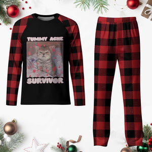 Tummy Ache Survivor Plaid Pajama Set Funny Cute Cat Meme - Print Your Wear