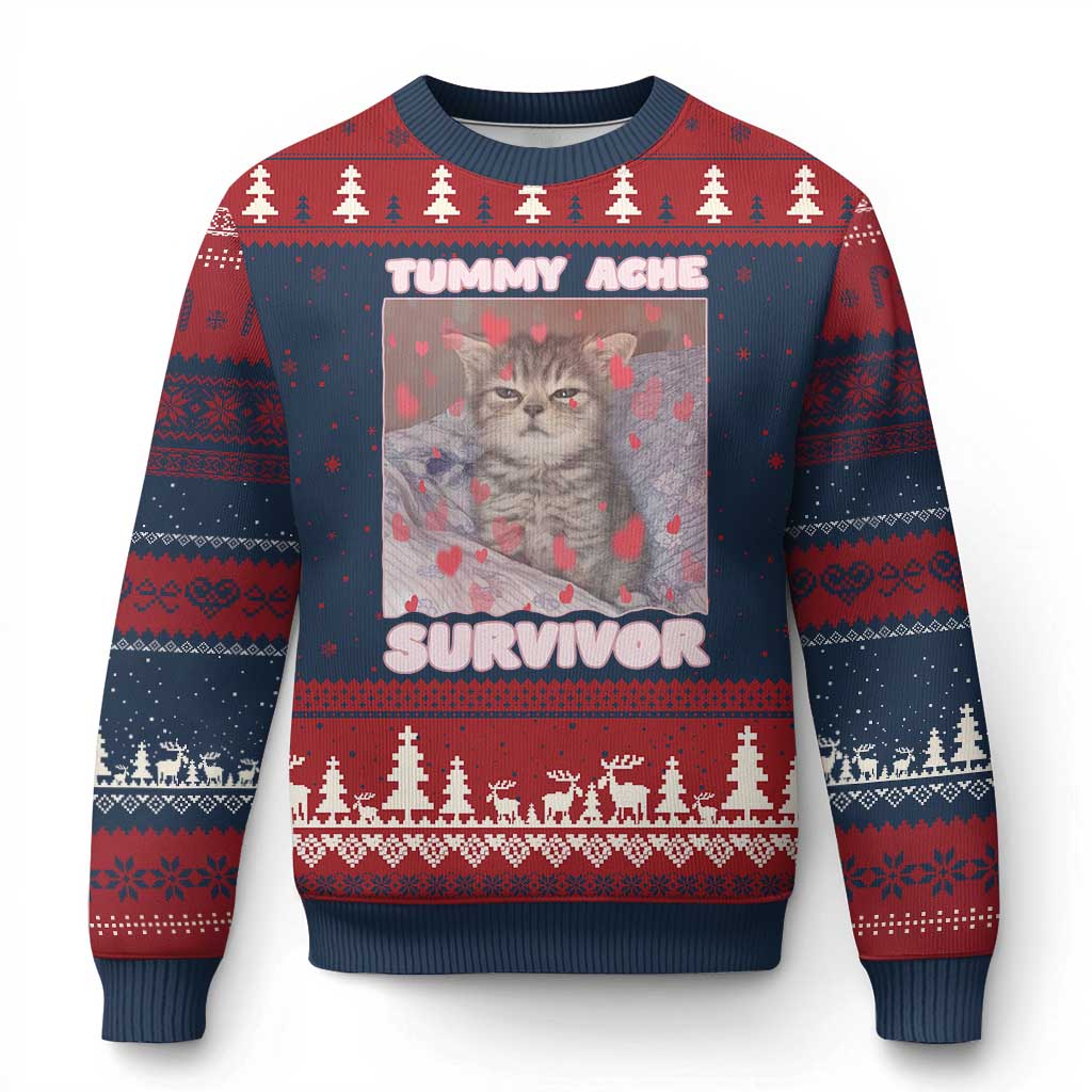 Tummy Ache Survivor Ugly Christmas Sweater Funny Cute Cat Meme TS14 Navy Red Print Your Wear