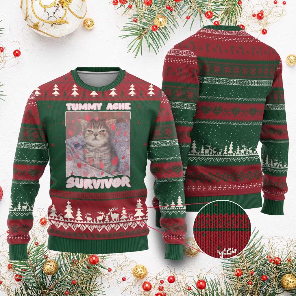 Tummy Ache Survivor Ugly Christmas Sweater Funny Cute Cat Meme TS14 Red Green Print Your Wear