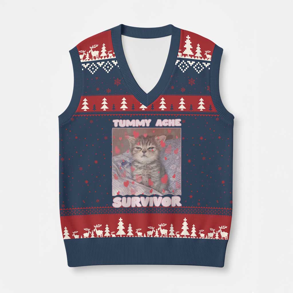 Tummy Ache Survivor V-Neck Knit Sweater Vest Funny Cute Cat Meme TS14 Navy Red Print Your Wear