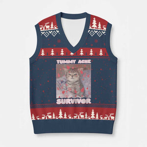 Tummy Ache Survivor V-Neck Knit Sweater Vest Funny Cute Cat Meme TS14 Navy Red Print Your Wear