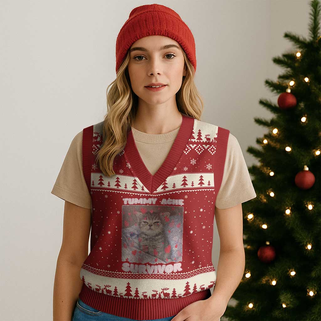 Tummy Ache Survivor V-Neck Knit Sweater Vest Funny Cute Cat Meme TS14 Red Beige Print Your Wear