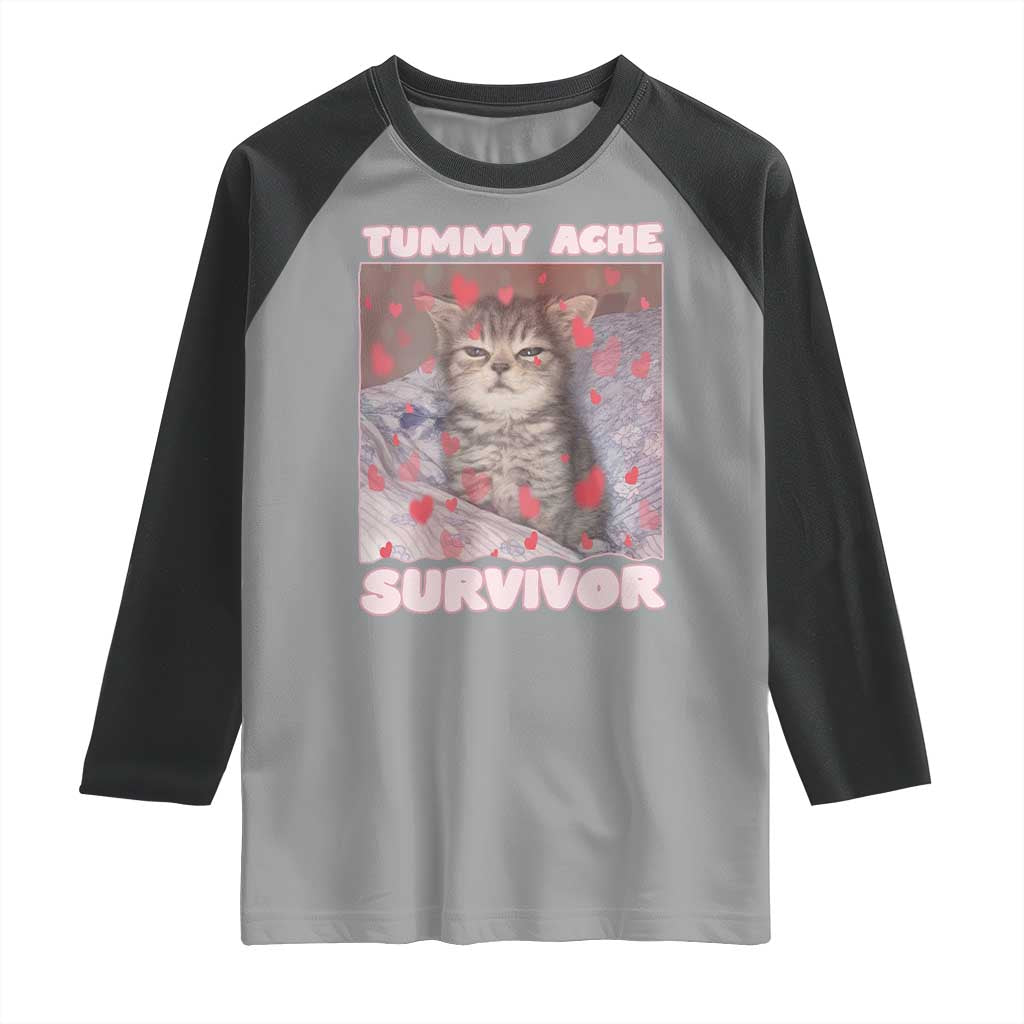 Tummy Ache Survivor Raglan Shirt Funny Cute Cat Meme TS14 Sport Gray Black Print Your Wear