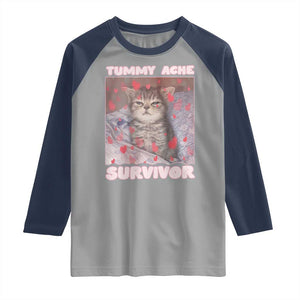 Tummy Ache Survivor Raglan Shirt Funny Cute Cat Meme TS14 Sport Gray Navy Print Your Wear
