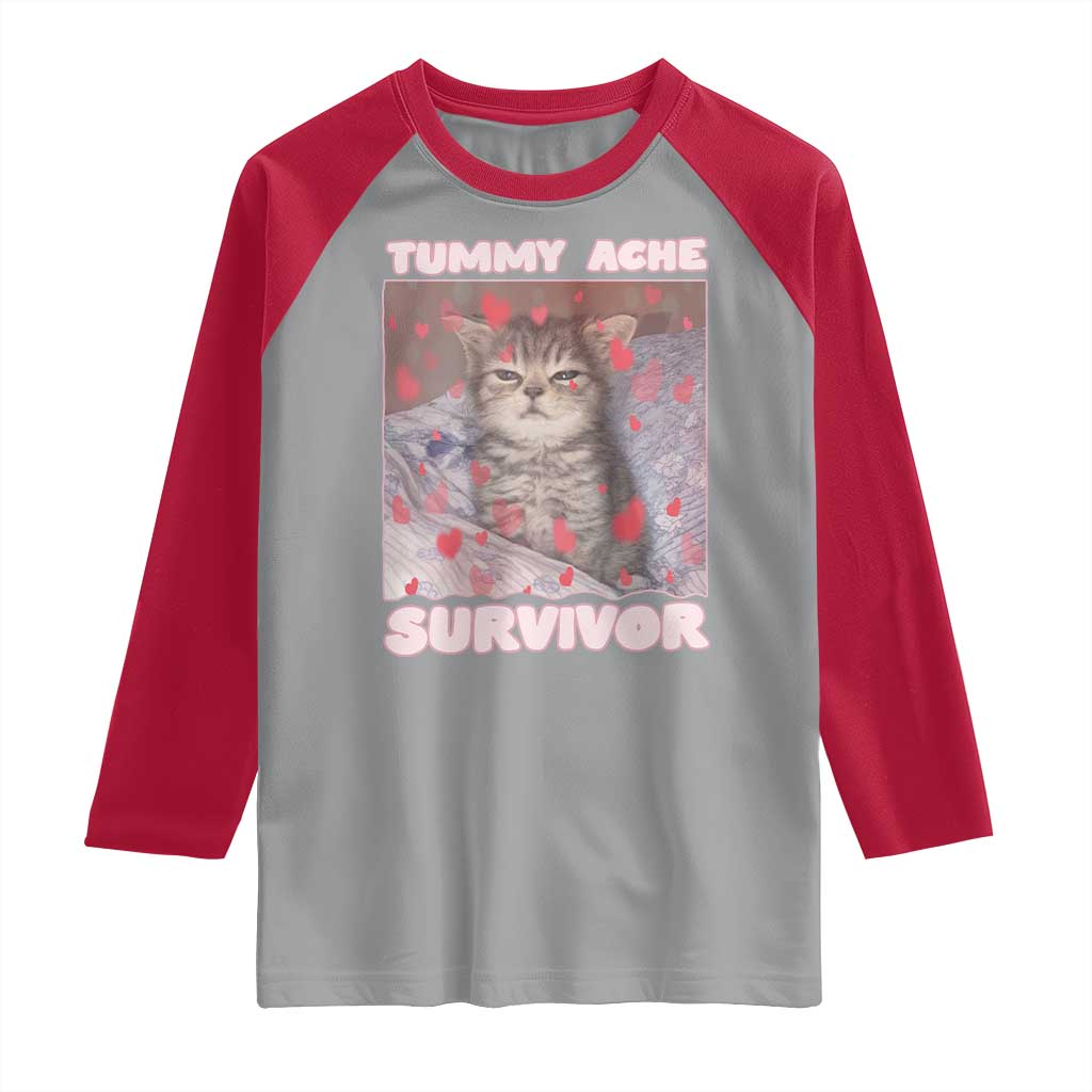 Tummy Ache Survivor Raglan Shirt Funny Cute Cat Meme TS14 Sport Gray Red Print Your Wear