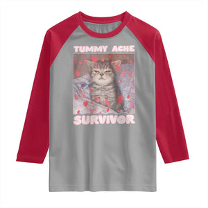 Tummy Ache Survivor Raglan Shirt Funny Cute Cat Meme TS14 Sport Gray Red Print Your Wear