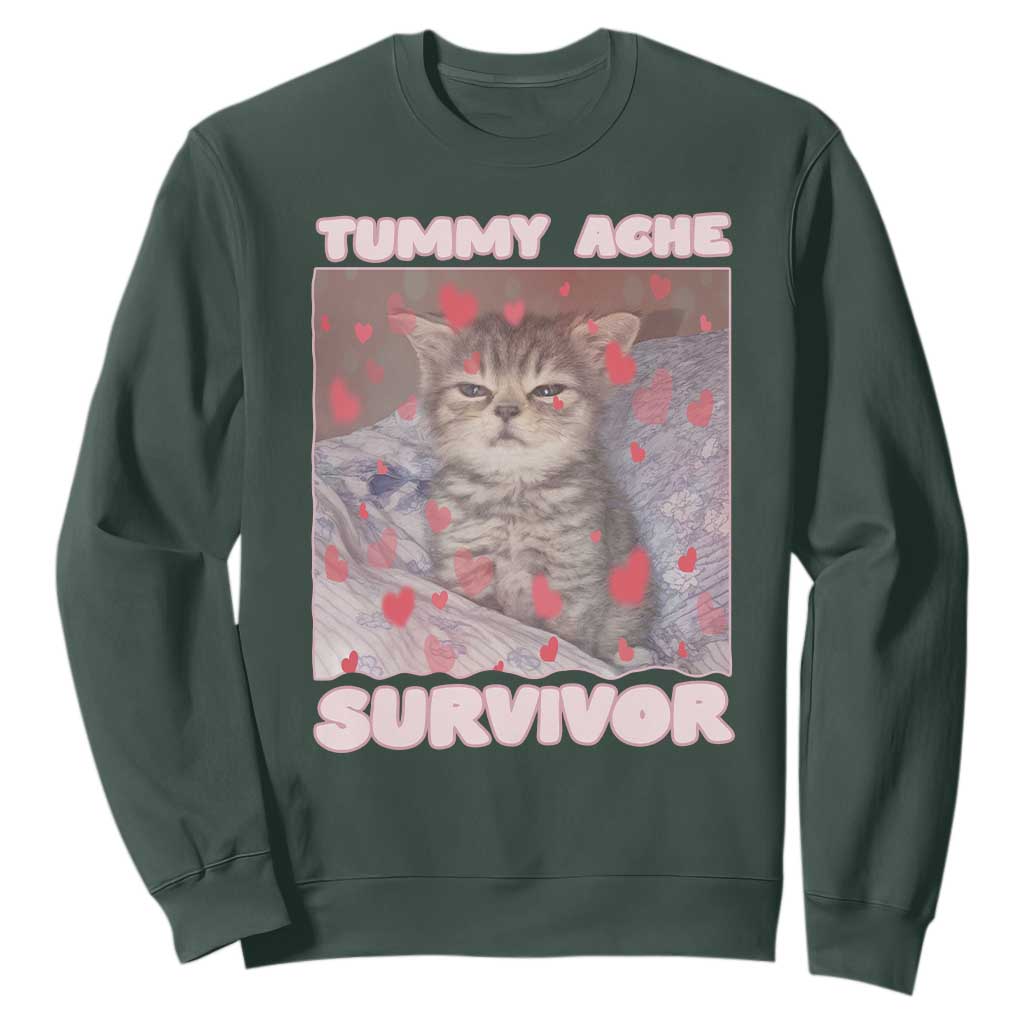 Tummy Ache Survivor Sweatshirt Funny Cute Cat Meme TS14 Dark Forest Green Print Your Wear