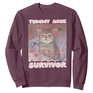 Tummy Ache Survivor Sweatshirt Funny Cute Cat Meme TS14 Maroon Print Your Wear