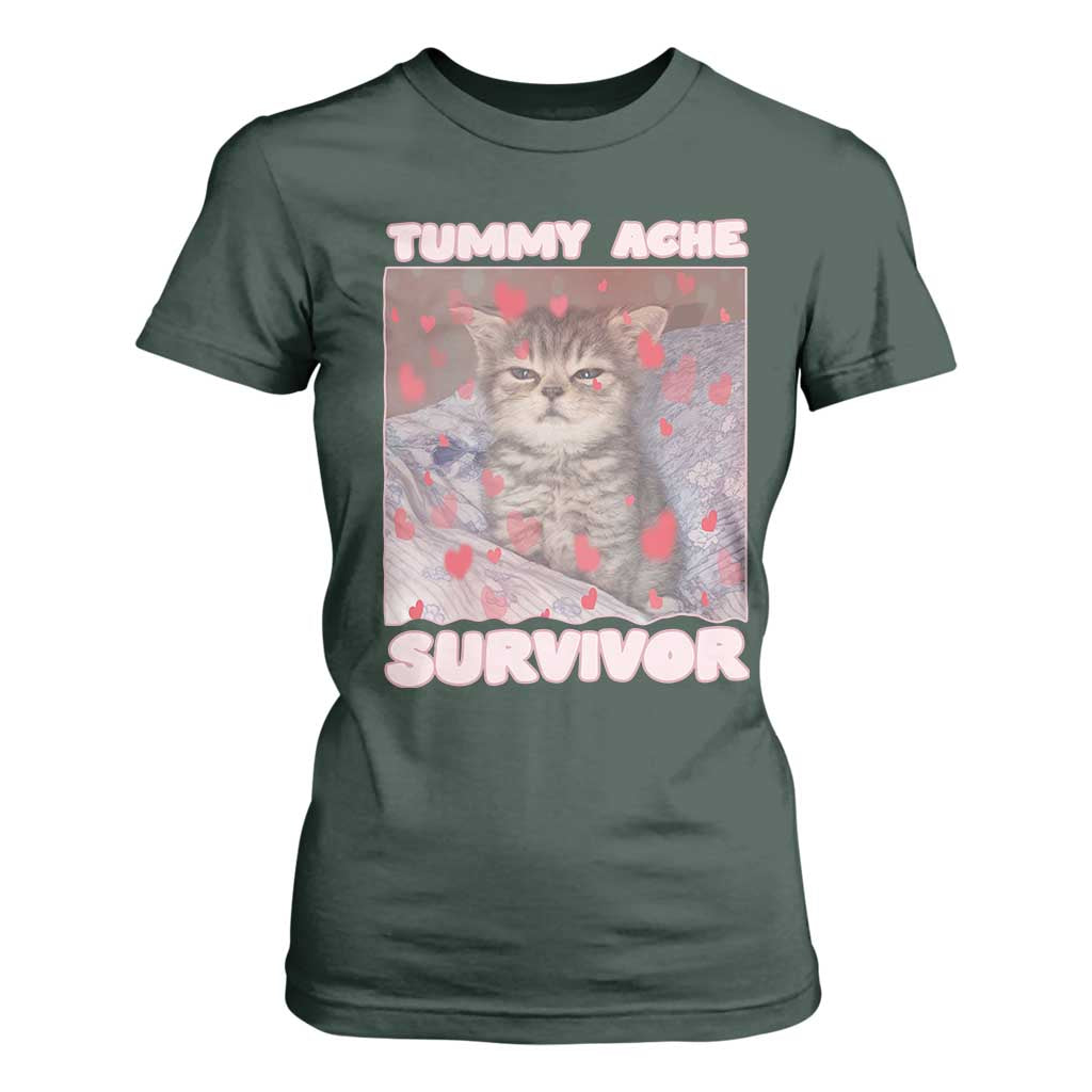 Tummy Ache Survivor T Shirt For Women Funny Cute Cat Meme TS14 Dark Forest Green Print Your Wear