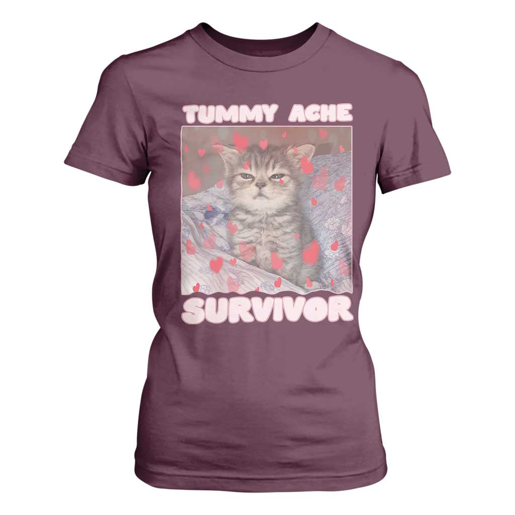 Tummy Ache Survivor T Shirt For Women Funny Cute Cat Meme TS14 Maroon Print Your Wear