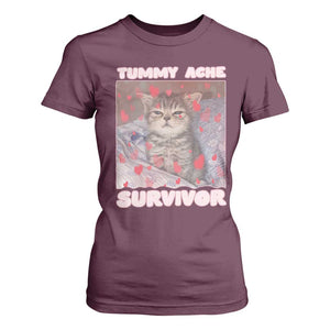 Tummy Ache Survivor T Shirt For Women Funny Cute Cat Meme TS14 Maroon Print Your Wear