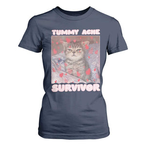 Tummy Ache Survivor T Shirt For Women Funny Cute Cat Meme TS14 Navy Print Your Wear