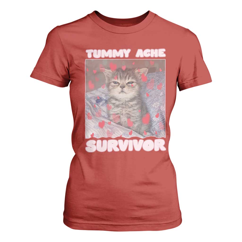 Tummy Ache Survivor T Shirt For Women Funny Cute Cat Meme - Print Your Wear