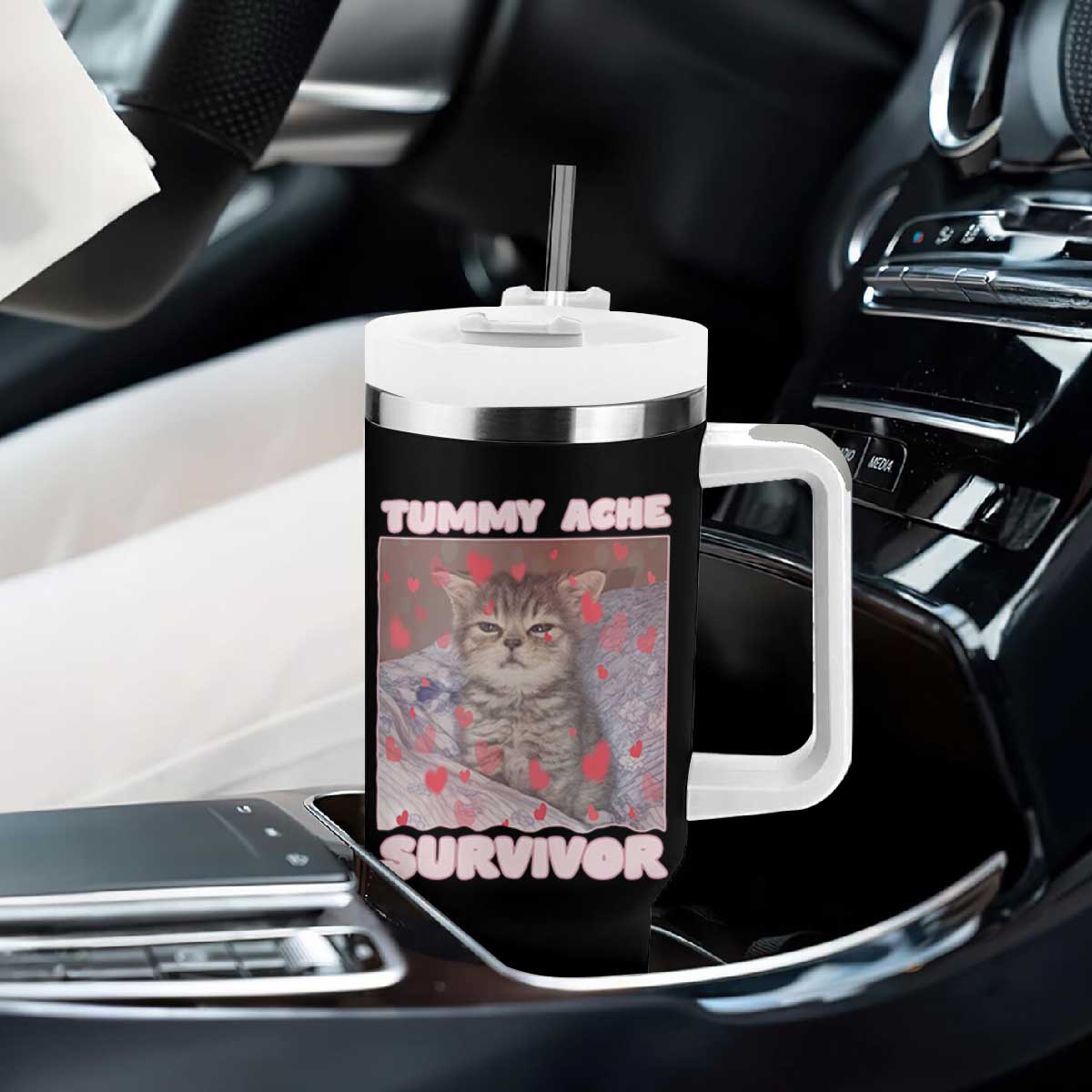 Tummy Ache Survivor Tumbler With Handle Funny Cute Cat Meme TS14 Print Your Wear