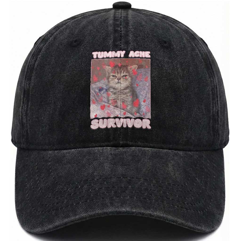 Tummy Ache Survivor Washed Cotton Baseball Cap Funny Cute Cat Meme TS14 Washed Cap Universal Fit Black Print Your Wear