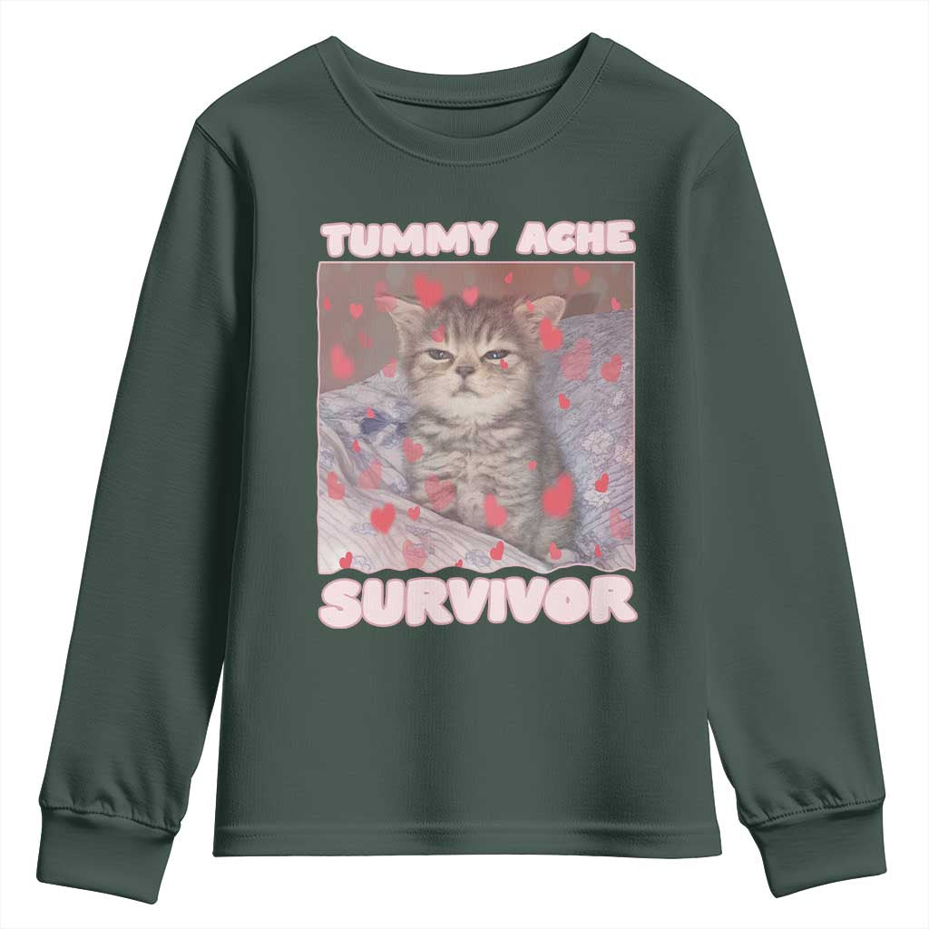 Tummy Ache Survivor Youth Sweatshirt Funny Cute Cat Meme TS14 Dark Forest Green Print Your Wear