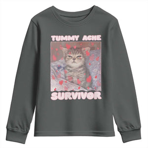 Tummy Ache Survivor Youth Sweatshirt Funny Cute Cat Meme TS14 Dark Heather Print Your Wear