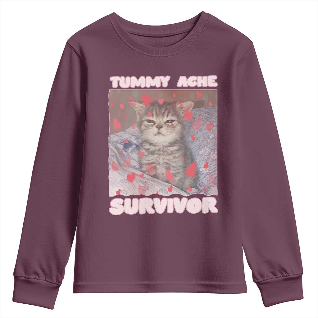 Tummy Ache Survivor Youth Sweatshirt Funny Cute Cat Meme TS14 Maroon Print Your Wear