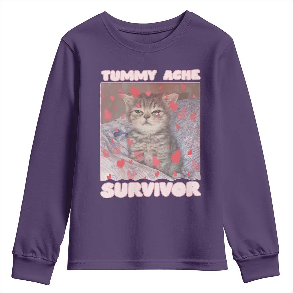 Tummy Ache Survivor Youth Sweatshirt Funny Cute Cat Meme TS14 Purple Print Your Wear