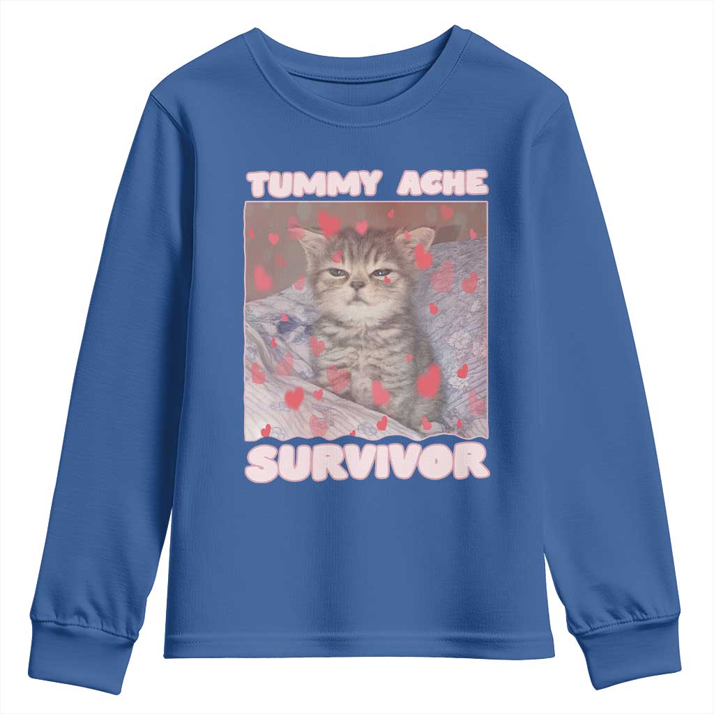 Tummy Ache Survivor Youth Sweatshirt Funny Cute Cat Meme TS14 Royal Blue Print Your Wear