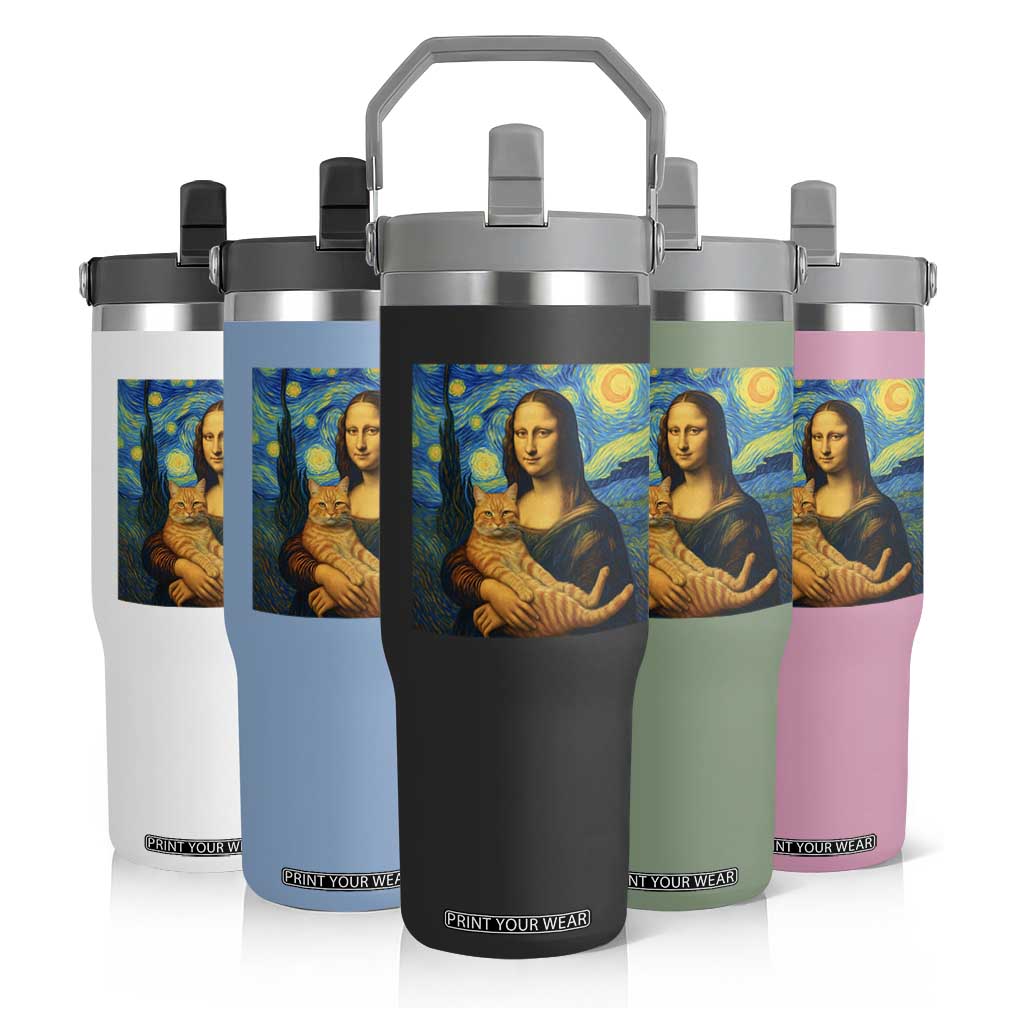 Mona Lisa Cat Starry Night Flip Straw Tumbler TS14 Print Your Wear