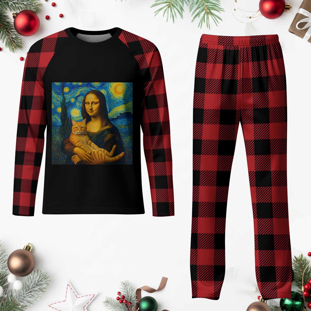 Mona Lisa Cat Starry Night Plaid Pajama Set - Print Your Wear