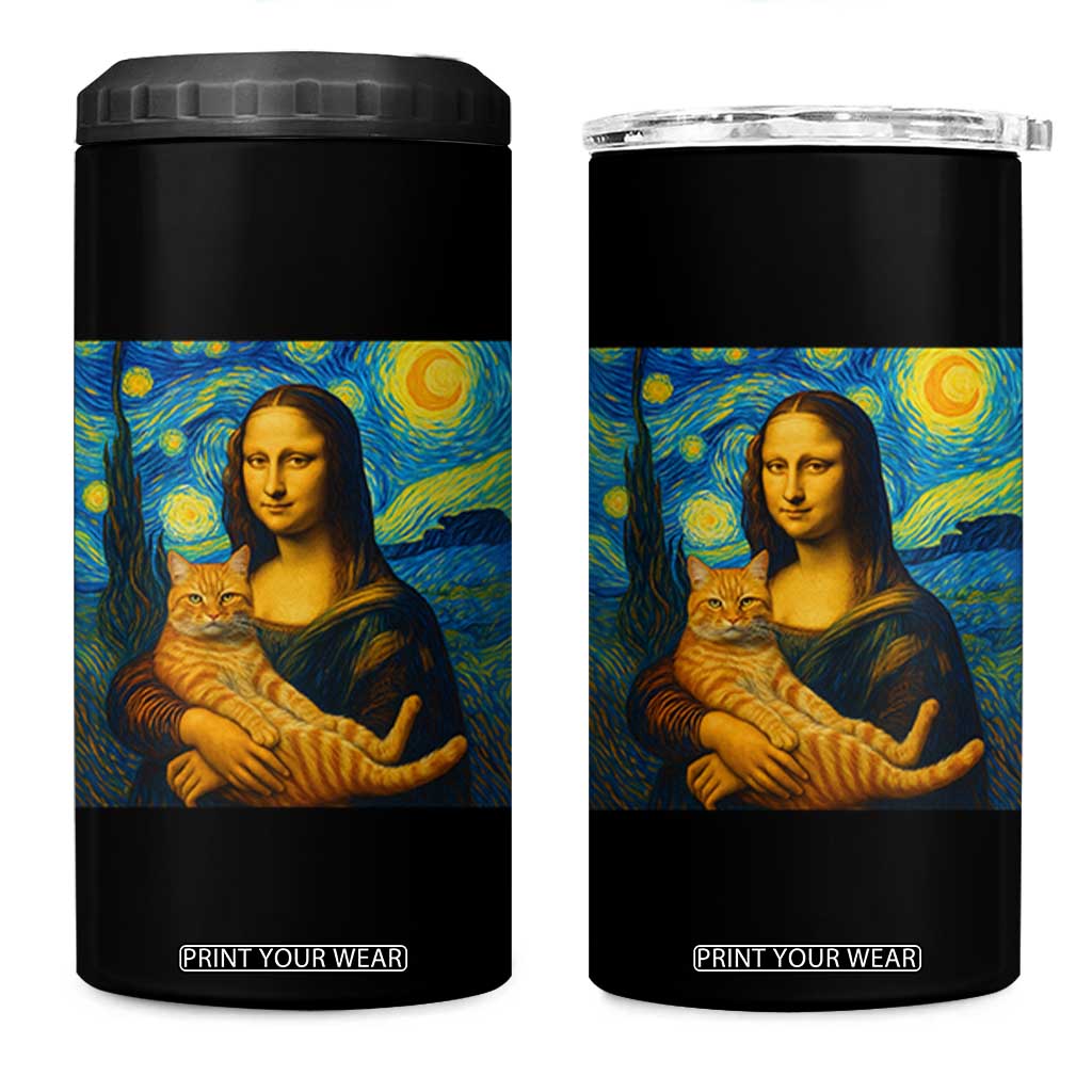 Mona Lisa Cat Starry Night 4 in 1 Can Cooler Tumbler TS14 One Size: 16 oz Black Print Your Wear