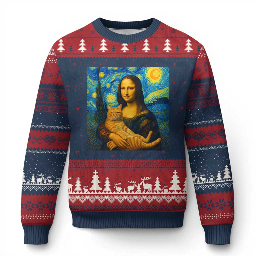 Mona Lisa Cat Starry Night Ugly Christmas Sweater TS14 Navy Red Print Your Wear