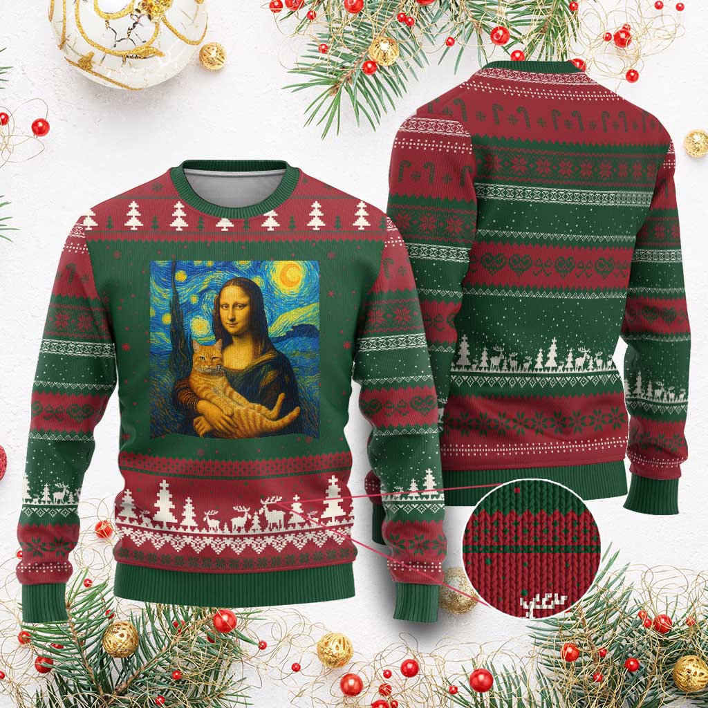 Mona Lisa Cat Starry Night Ugly Christmas Sweater TS14 Red Green Print Your Wear