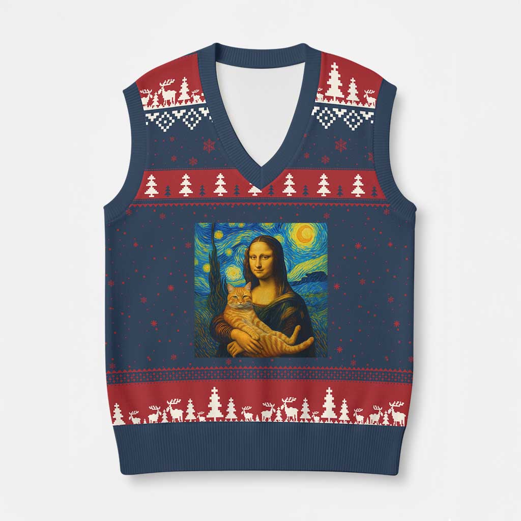 Mona Lisa Cat Starry Night V-Neck Knit Sweater Vest TS14 Navy Red Print Your Wear
