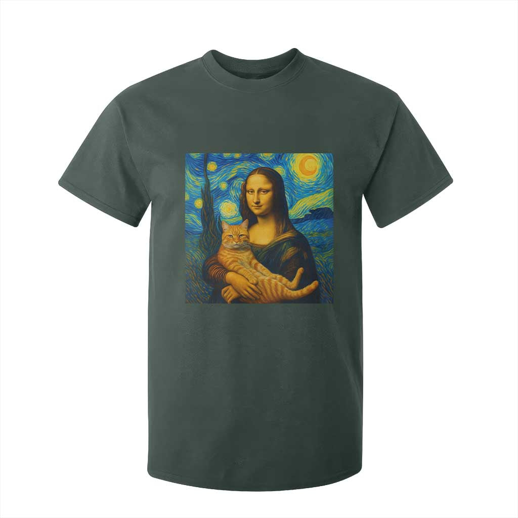 Mona Lisa Cat Starry Night T Shirt For Kid TS14 Dark Forest Green Print Your Wear