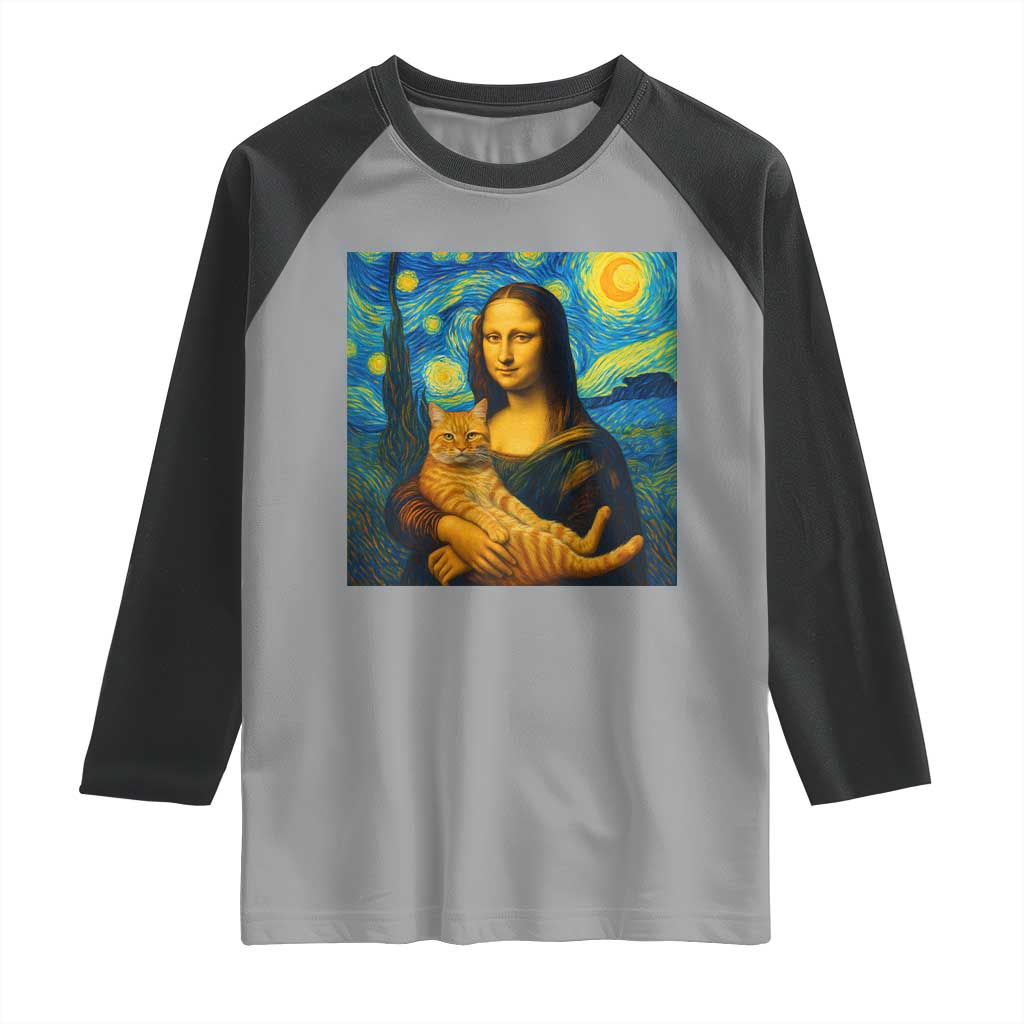 Mona Lisa Cat Starry Night Raglan Shirt TS14 Sport Gray Black Print Your Wear