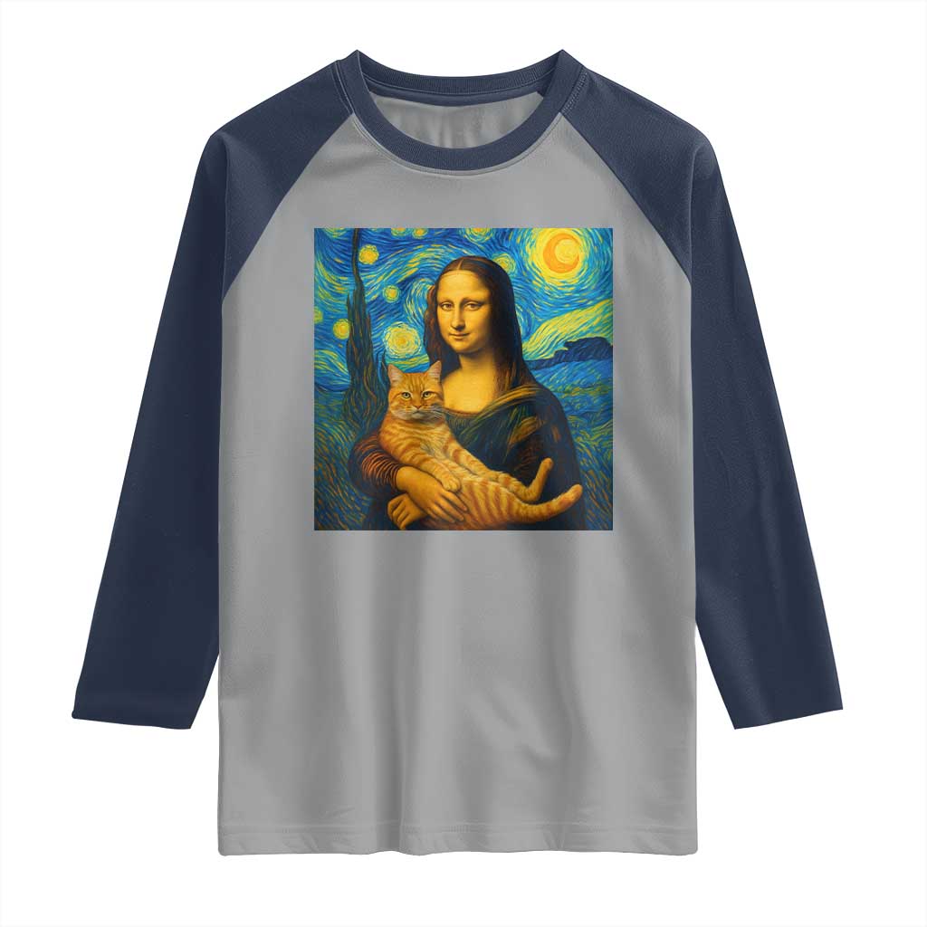 Mona Lisa Cat Starry Night Raglan Shirt TS14 Sport Gray Navy Print Your Wear