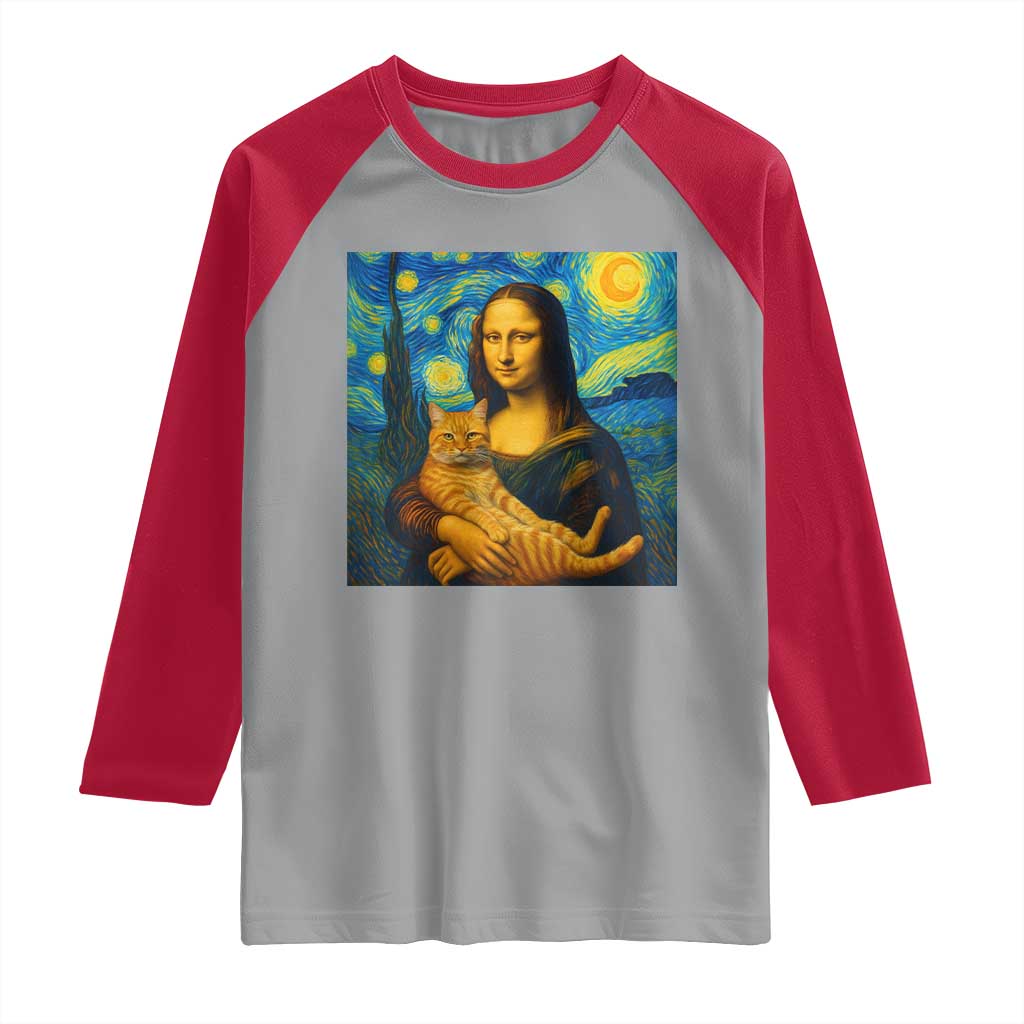 Mona Lisa Cat Starry Night Raglan Shirt TS14 Sport Gray Red Print Your Wear