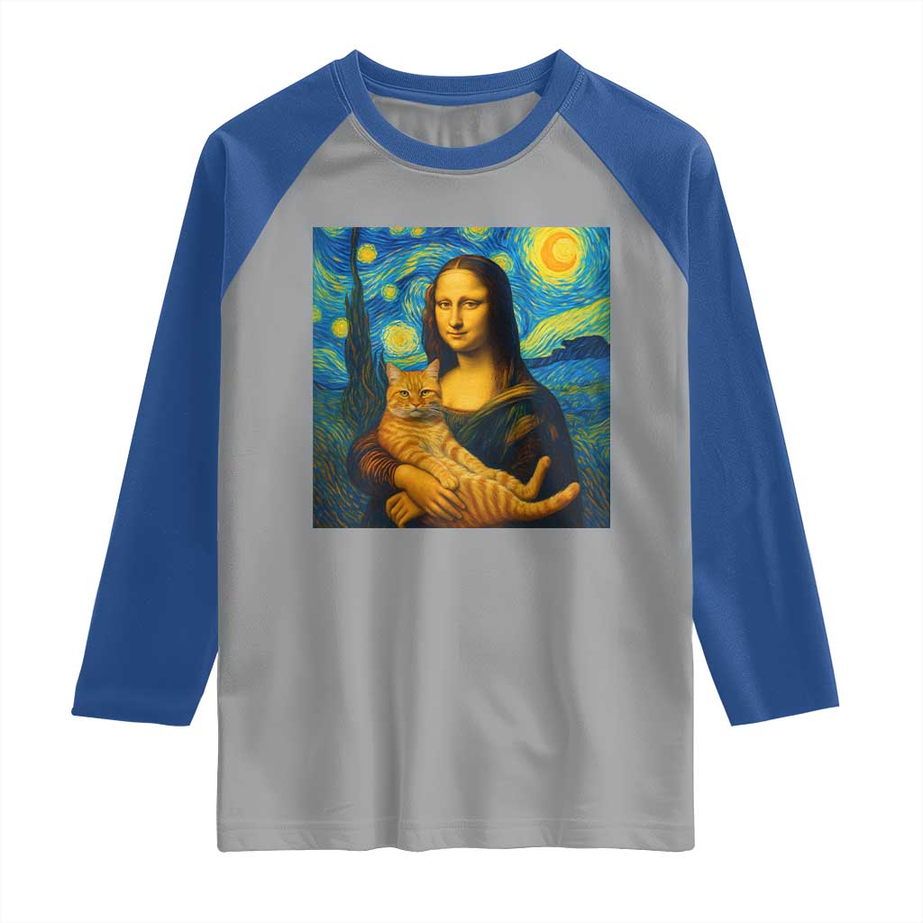 Mona Lisa Cat Starry Night Raglan Shirt TS14 Sport Gray Royal Print Your Wear