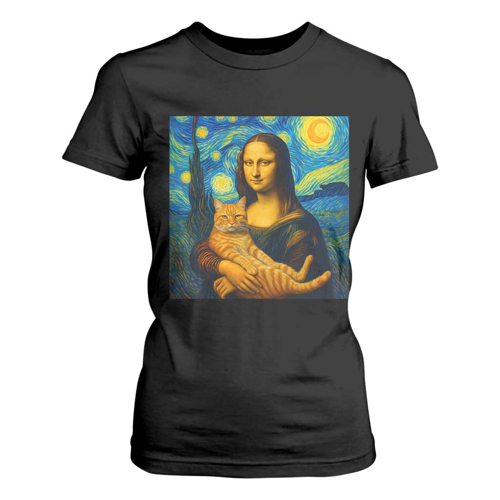 Mona Lisa Cat Starry Night T Shirt For Women - Print Your Wear