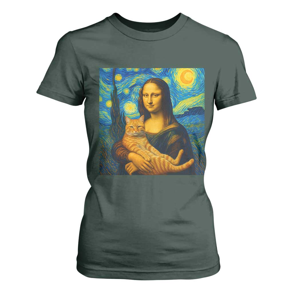 Mona Lisa Cat Starry Night T Shirt For Women - Print Your Wear