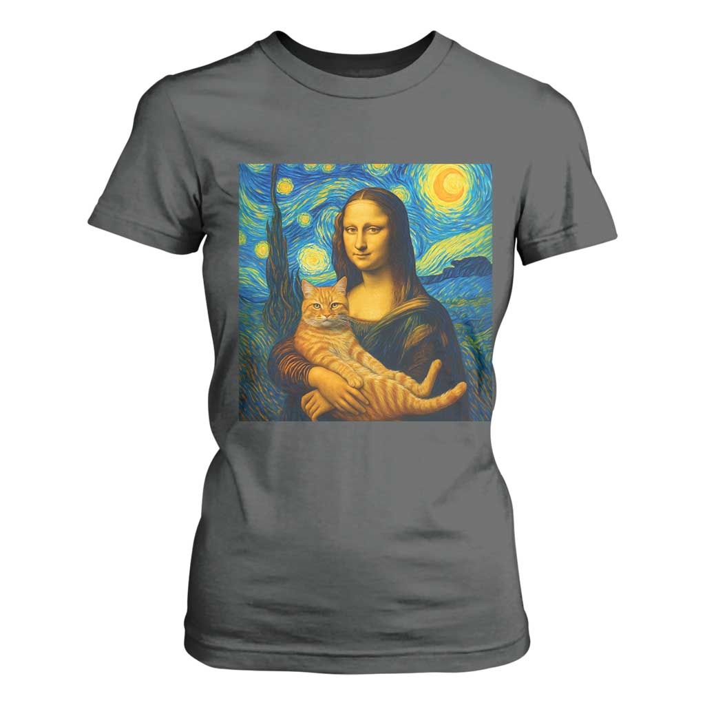 Mona Lisa Cat Starry Night T Shirt For Women - Print Your Wear