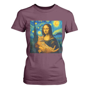 Mona Lisa Cat Starry Night T Shirt For Women TS14 Maroon Print Your Wear