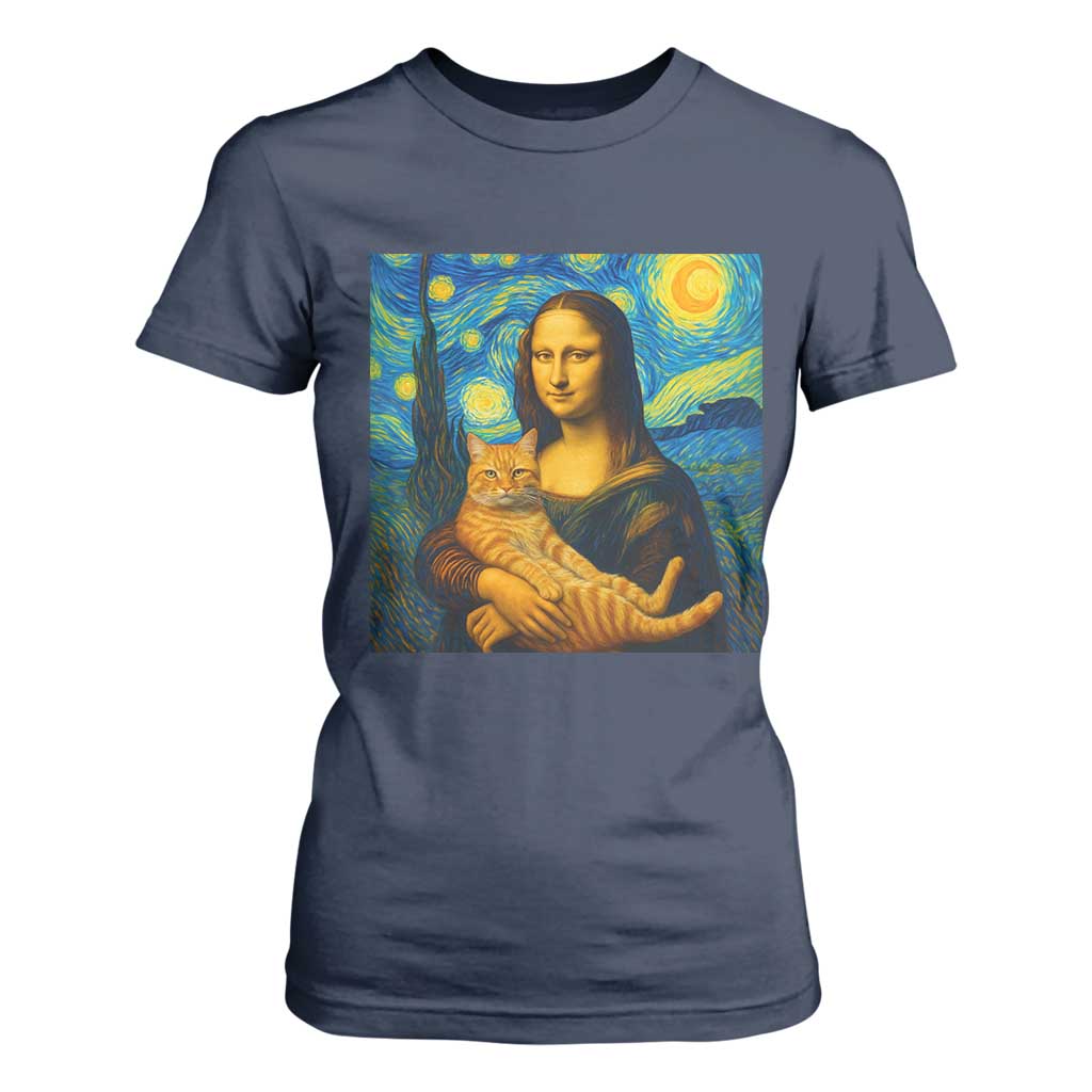 Mona Lisa Cat Starry Night T Shirt For Women - Print Your Wear
