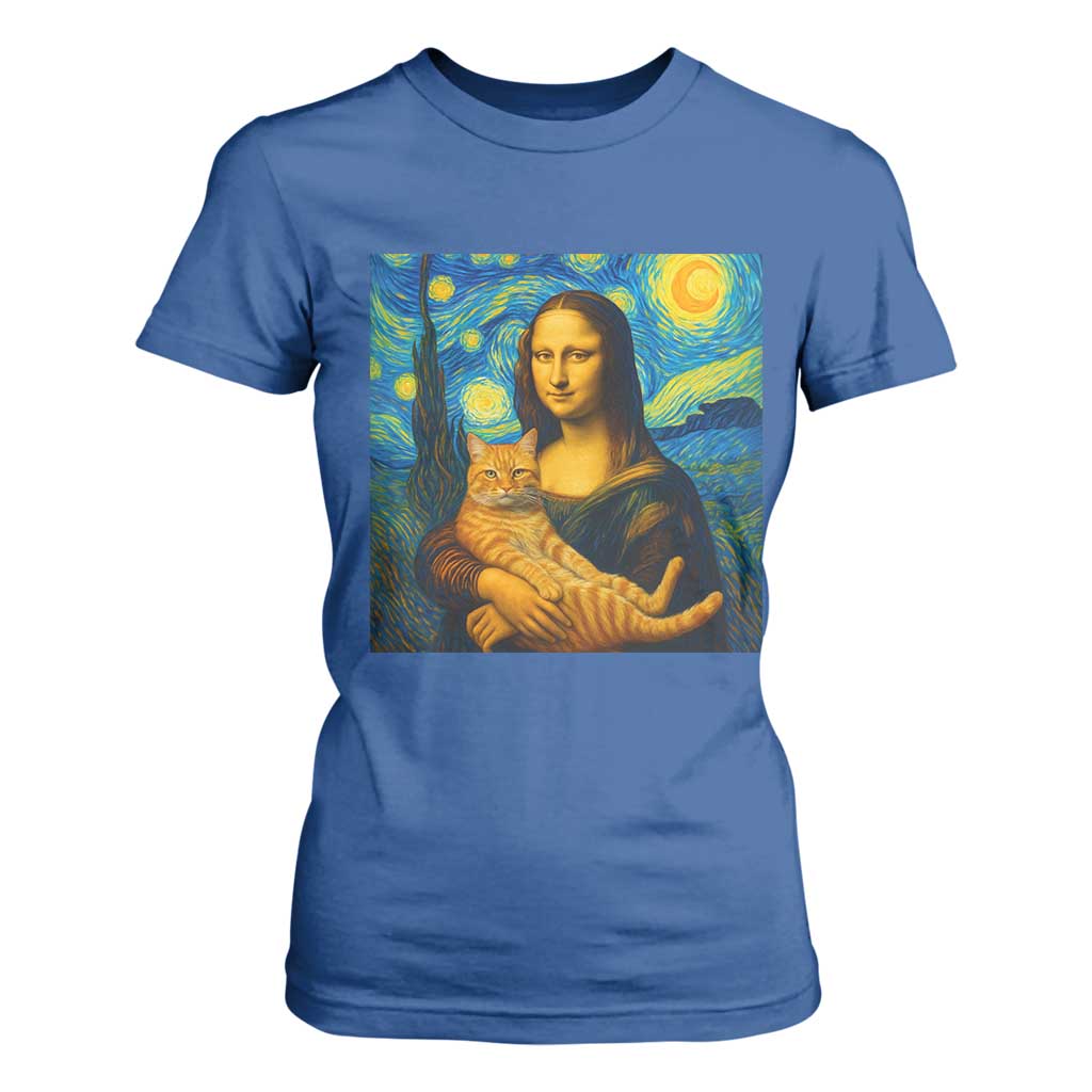 Mona Lisa Cat Starry Night T Shirt For Women TS14 Royal Blue Print Your Wear