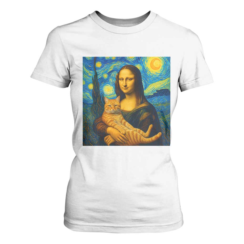 Mona Lisa Cat Starry Night T Shirt For Women - Print Your Wear