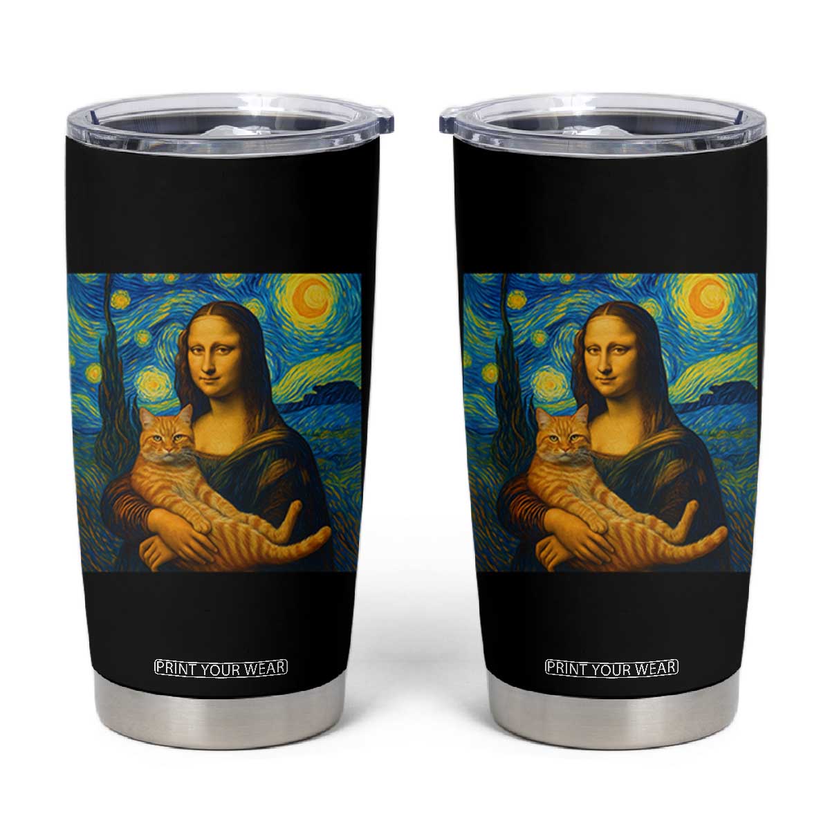 Mona Lisa Cat Starry Night Tumbler Cup TS14 Black Print Your Wear