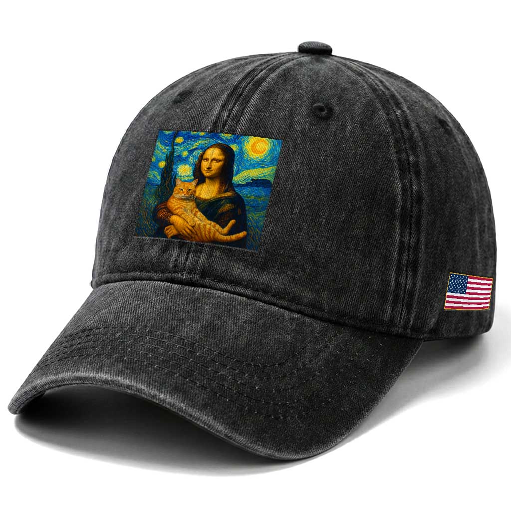 Mona Lisa Cat Starry Night Washed Cotton Baseball Cap TS14 Print Your Wear