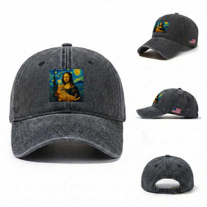 Mona Lisa Cat Starry Night Washed Cotton Baseball Cap TS14 Washed Cap Universal Fit Dark Gray Print Your Wear