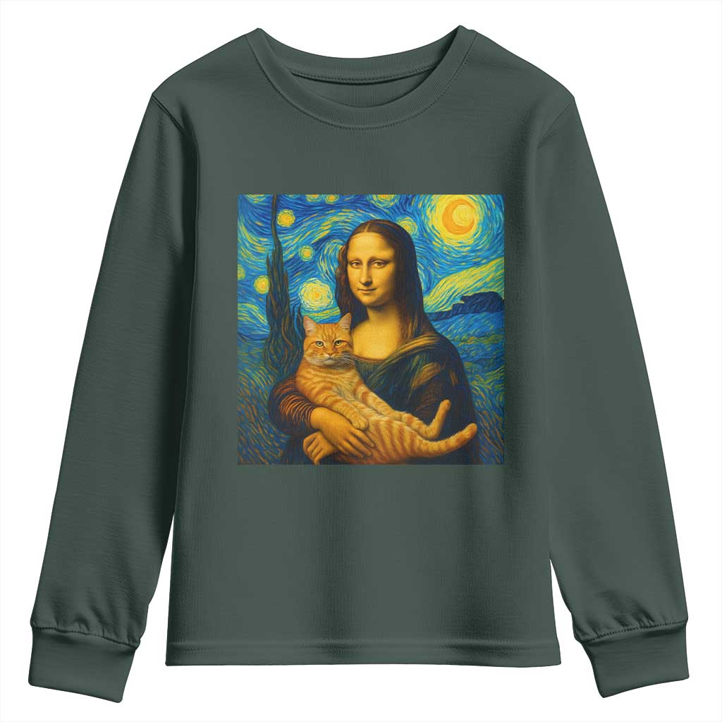 Mona Lisa Cat Starry Night Youth Sweatshirt TS14 Dark Forest Green Print Your Wear