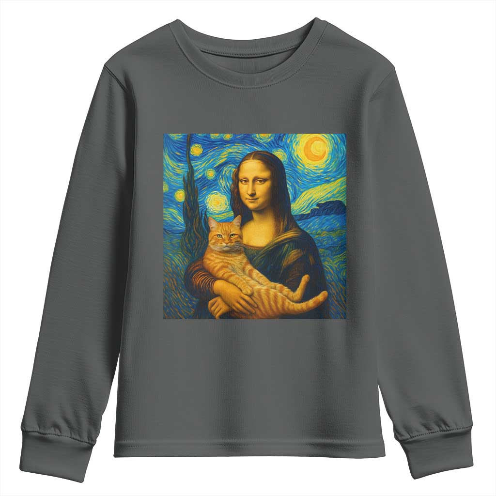 Mona Lisa Cat Starry Night Youth Sweatshirt TS14 Dark Heather Print Your Wear