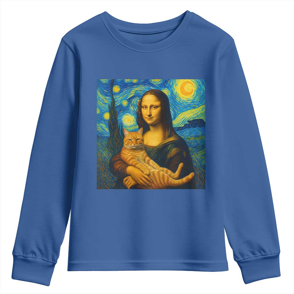 Mona Lisa Cat Starry Night Youth Sweatshirt TS14 Royal Blue Print Your Wear