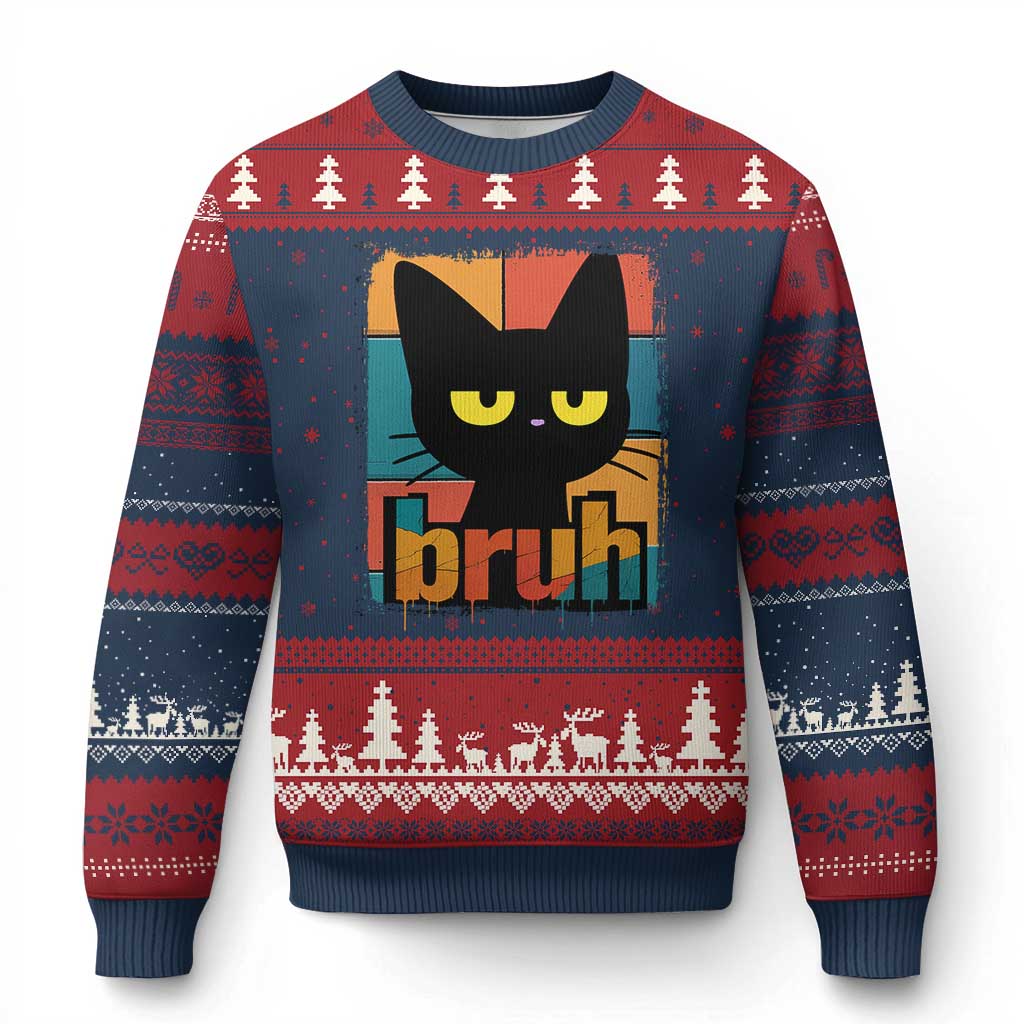 Funny Black Cat Bruh Meme Ugly Christmas Sweater Funny Black Cat TS14 Navy Red Print Your Wear